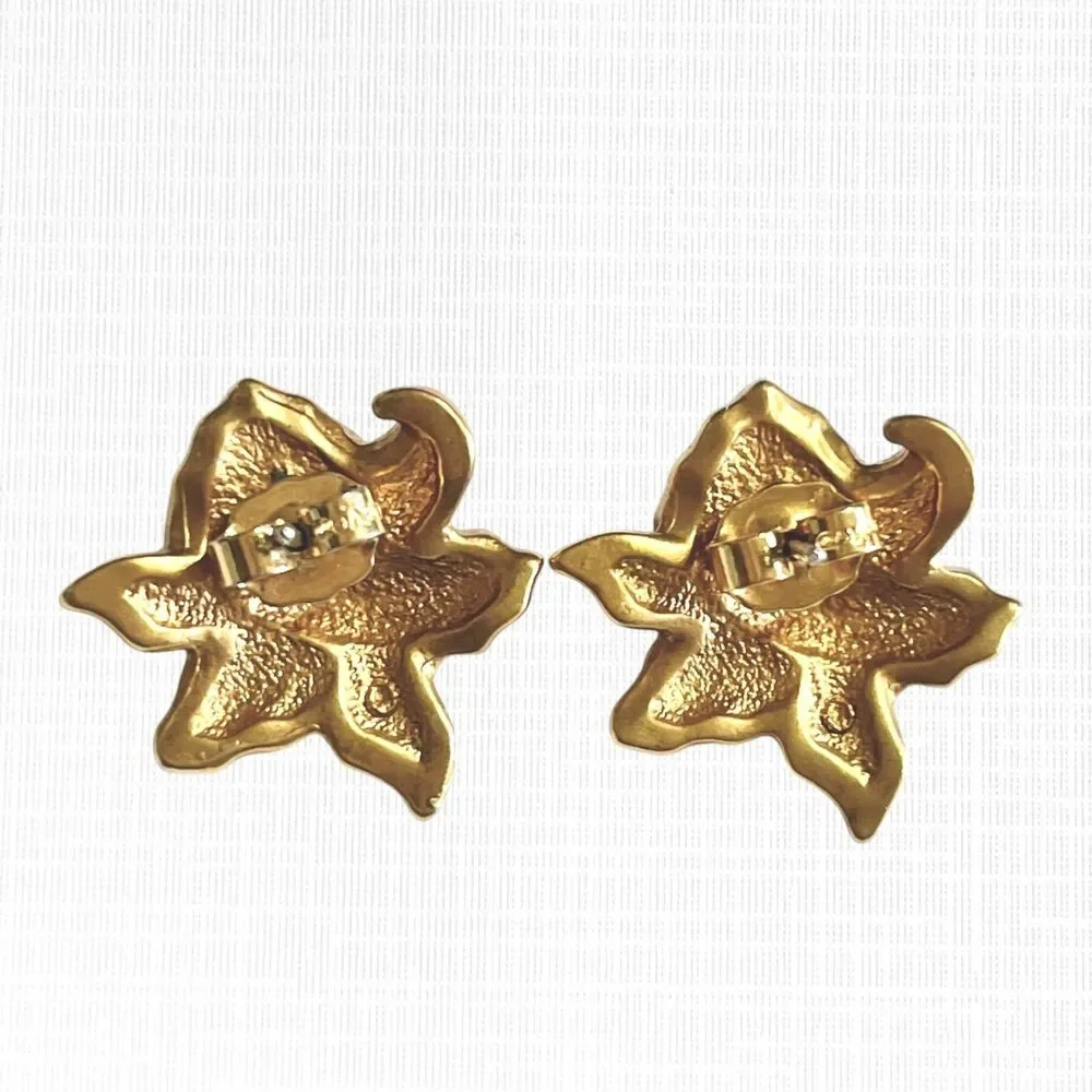 VTG Avon Orchid Studs Earrings Gold Tone Flower Pink Enamel Faux Pearl Pierced